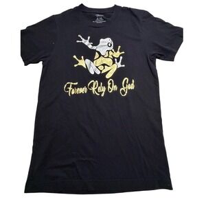 Make Market Forever Rely On God Frog Graphic T-Shirt Black Gold Silver Small